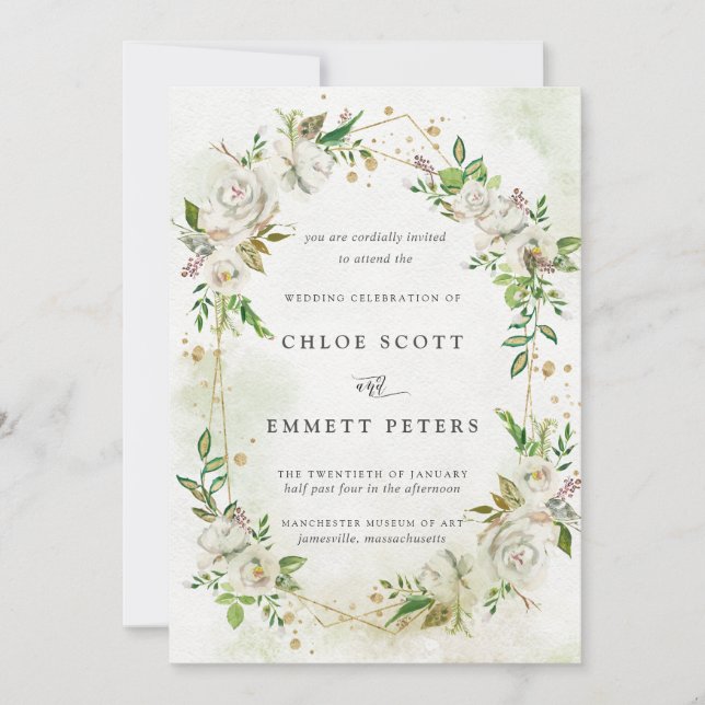 Elegant Gold Geometric Floral Greenery Wedding Invitation (Front)
