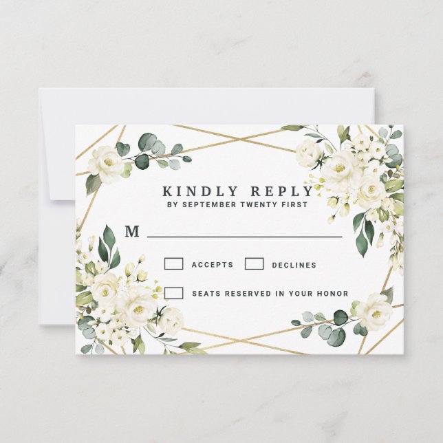 Elegant Gold Geometric Floral Greenery Wedding RSVP Card (Front)