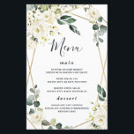 Elegant Gold Geometric Floral Wedding Menu Cards<br><div class="desc">Template features an elegant printed gold coloured geometric frame decorated with watercolor flowers in neutral shades, such as - white, ivory, champagne, and more. The floral elements consist of roses, peonies, hydrangea and baby's breath. This modern design also features greenery, eucalyptus, leaf elements and more for a very unique look...</div>