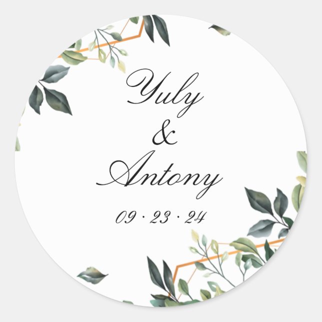 Elegant Gold Geometric Greenery Round Classic Round Sticker (Front)