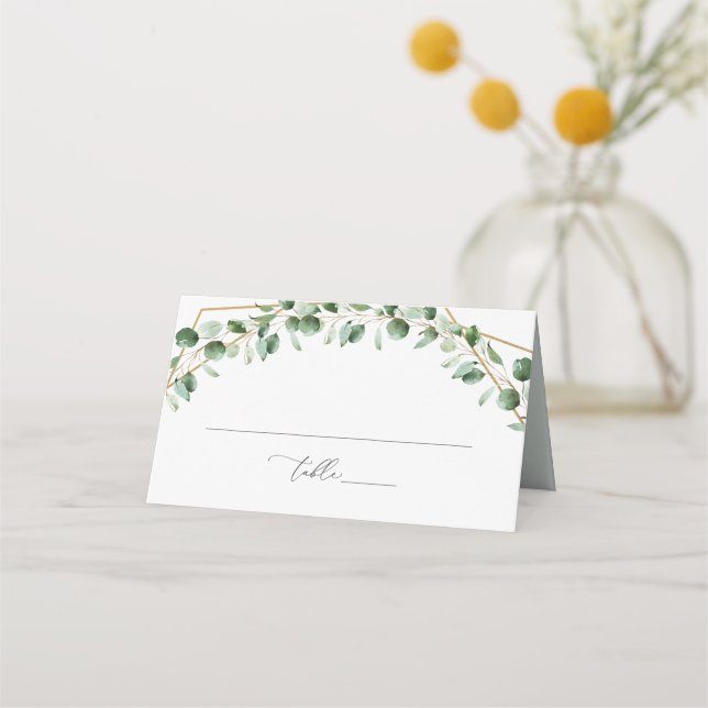 Elegant Gold Geometric Greenery Wedding Folded Place Card (Front)