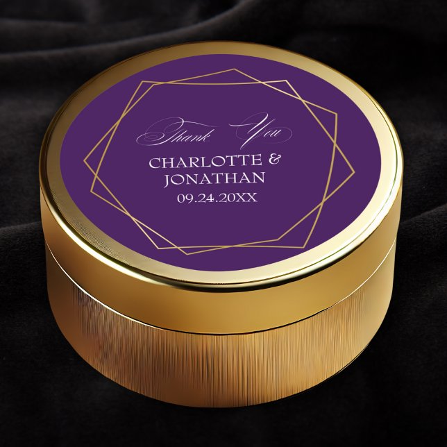 Elegant Gold Geometric Thank You Wedding Favour Classic Round Sticker (Elegant Gold Geometric Thank You Wedding Favor Classic Round Sticker in Purple Color)