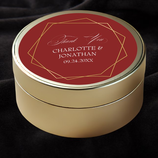 Elegant Gold Geometric Thank You Wedding Favour Classic Round Sticker (Elegant Gold Geometric Thank You Wedding Favor Classic Round Sticker in red)