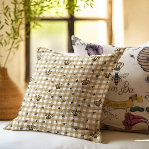 Elegant Gold Gingham Royal Queen Bee Pattern Cushion
