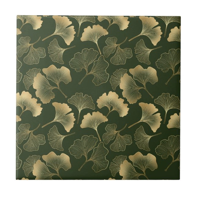 Elegant Gold Ginkgo Leaves Emerald Green Tile (Front)