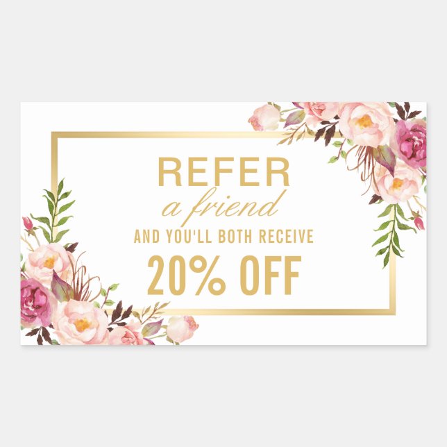 Elegant Gold Girly Floral Beauty Salon Referral Rectangular Sticker (Front)