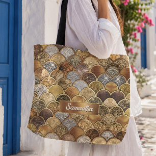 Elegant gold girly mermaid scales tote bag