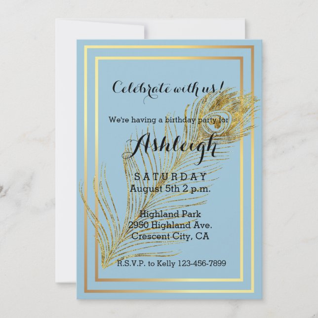 Elegant Gold Glam Peacock Feather birthday Invitation (Front)