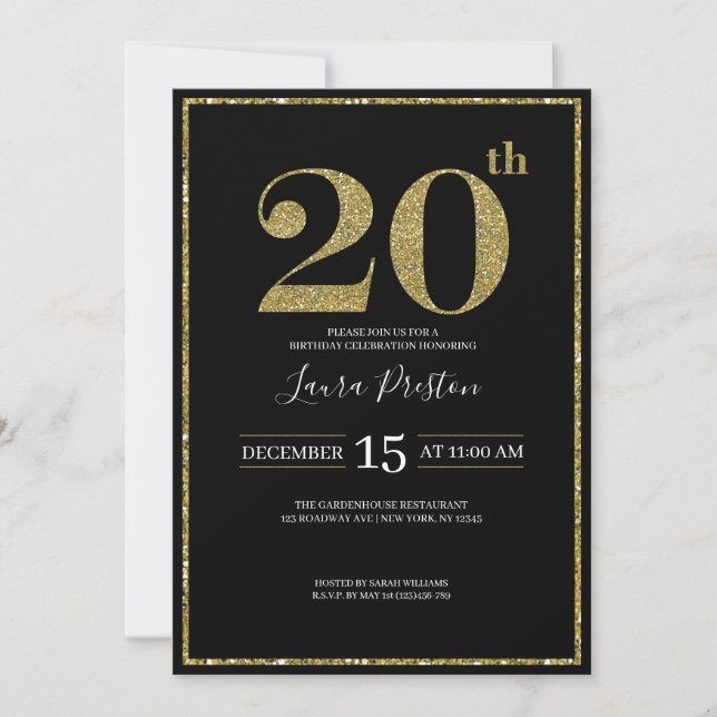 Elegant Gold Glitter 20th Birthday Invitation (Front)