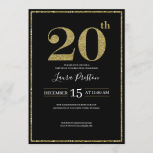 Elegant Gold Glitter 20th Birthday Invitation