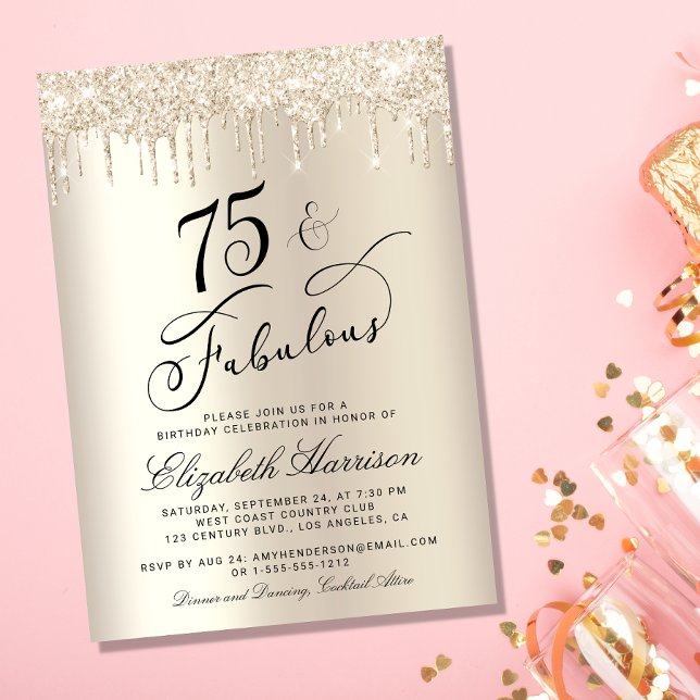 Elegant Gold Glitter 75th Birthday Party Invitation (Celebrate her 75 years of sparkle with an elegant gold glitter birthday party invitation  🎉 🎂 🥂)