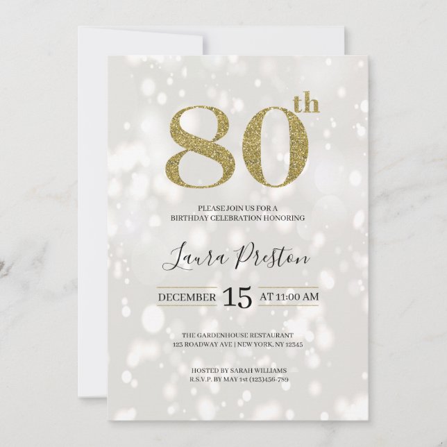 Elegant Gold Glitter 80th Birthday Invitation (Front)