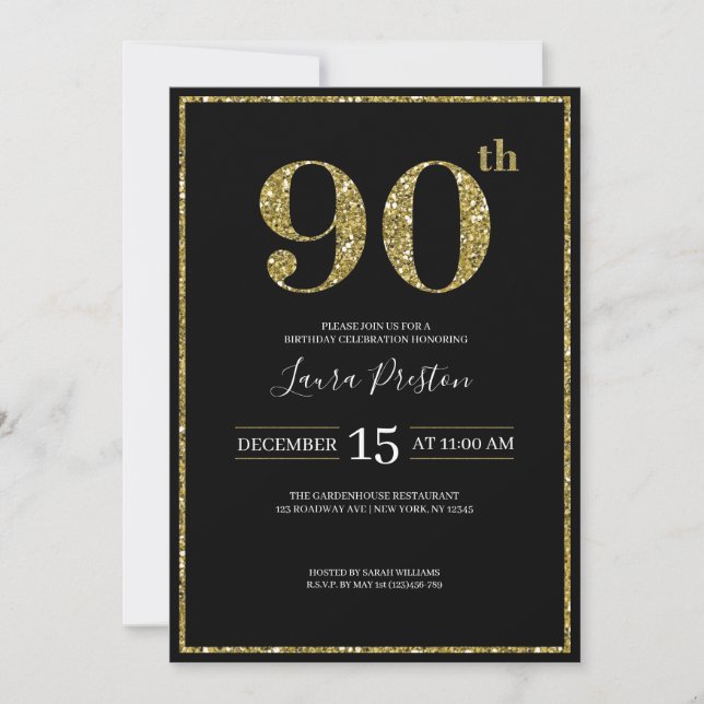 Elegant Gold Glitter 90th Birthday Invitation (Front)
