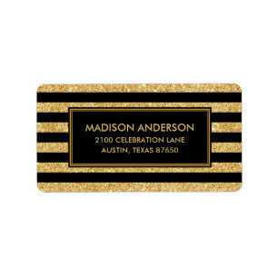 Elegant Gold Glitter and Black Stripe Pattern Label