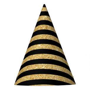 Elegant Gold Glitter and Black Stripe Pattern Party Hat