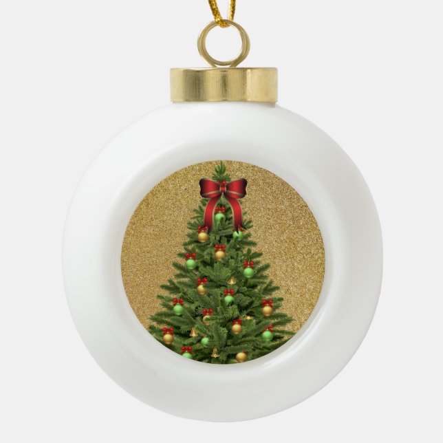 Elegant Gold Glitter and Christmas Tree Holiday Ceramic Ball Christmas Ornament (Front)