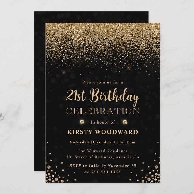 Elegant Gold Glitter and Diamonds 21st Birthday Invitation (Front/Back)
