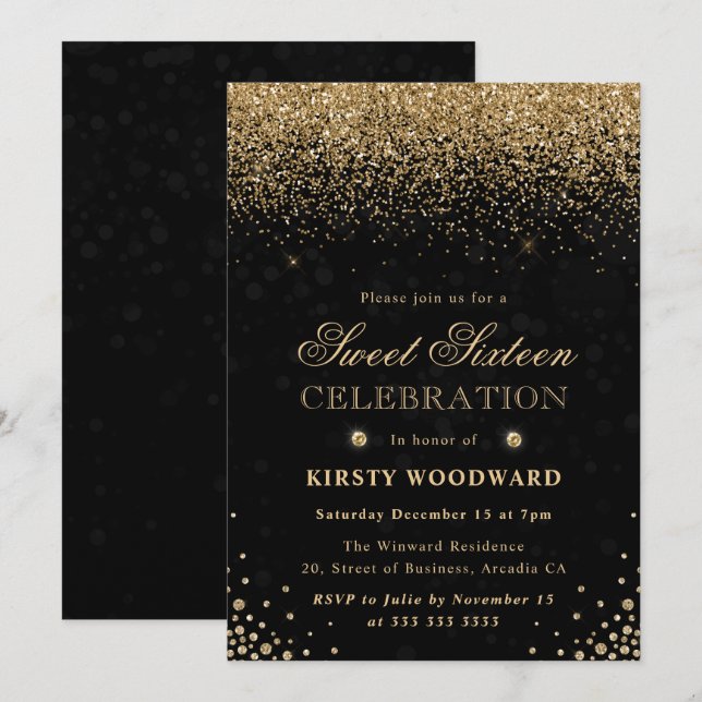 Elegant Gold Glitter and Diamonds Sweet Sixteen Invitation (Front/Back)