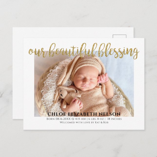 Elegant Gold Glitter Beautiful Blessing Baby Birth Postcard (Front/Back)