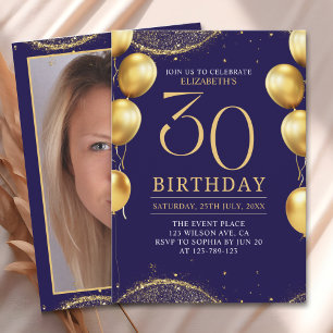 Elegant Gold Glitter Birthday 30th with Balloons Invitation