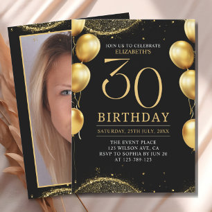Elegant Gold Glitter Birthday 30th with Balloons Invitation