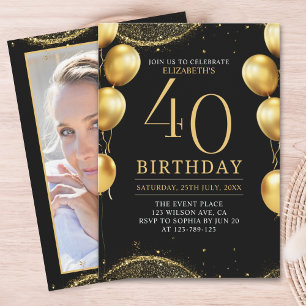 Elegant Gold Glitter Birthday 40th with Balloons Invitation