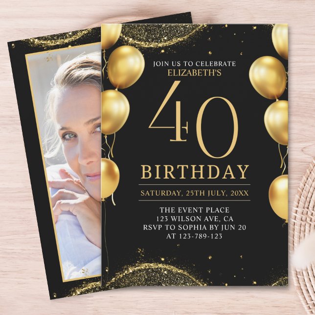 Elegant Gold Glitter Birthday 40th with Balloons Invitation (Creator Uploaded)
