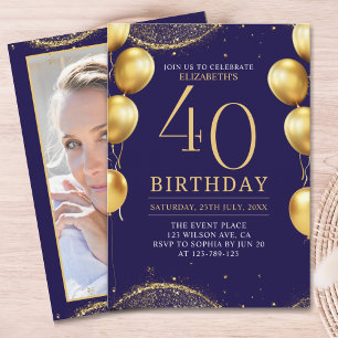 Elegant Gold Glitter Birthday 40th with Balloons Invitation