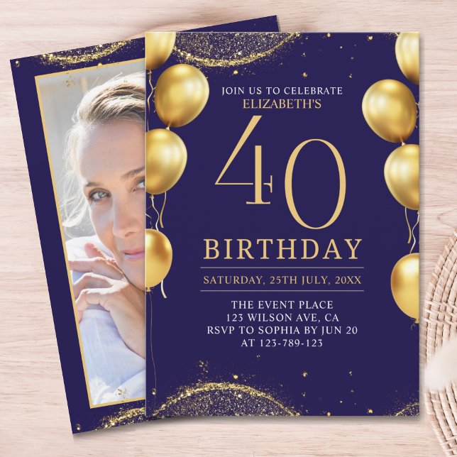 Elegant Gold Glitter Birthday 40th with Balloons Invitation (Creator Uploaded)