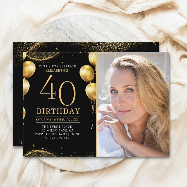 Elegant Gold Glitter Birthday 40th With Photo Invitation (Creator Uploaded)