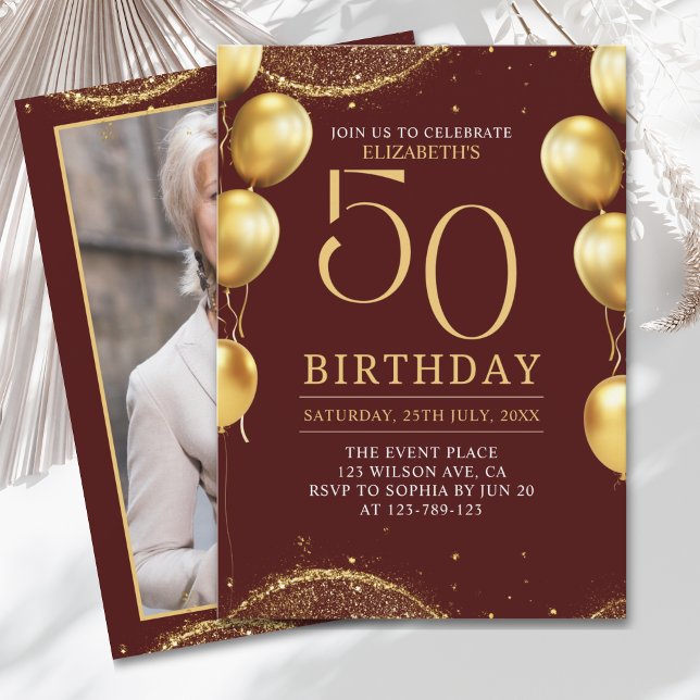 Elegant Gold Glitter Birthday 50th with Balloons Invitation (Creator Uploaded)