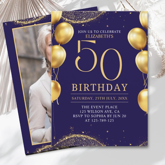 Elegant Gold Glitter Birthday 50th with Balloons Invitation (Creator Uploaded)