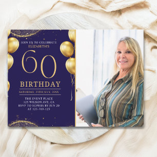 Elegant Gold Glitter Birthday 60th With Photo Invitation