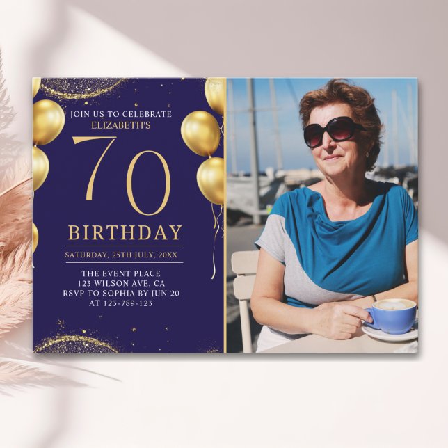 Elegant Gold Glitter Birthday 70th With Photo Invitation (Creator Uploaded)