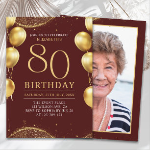  Elegant Gold Glitter Birthday 80th with Ballons Invitation