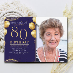 Elegant Gold Glitter Birthday 80th With Photo Invitation