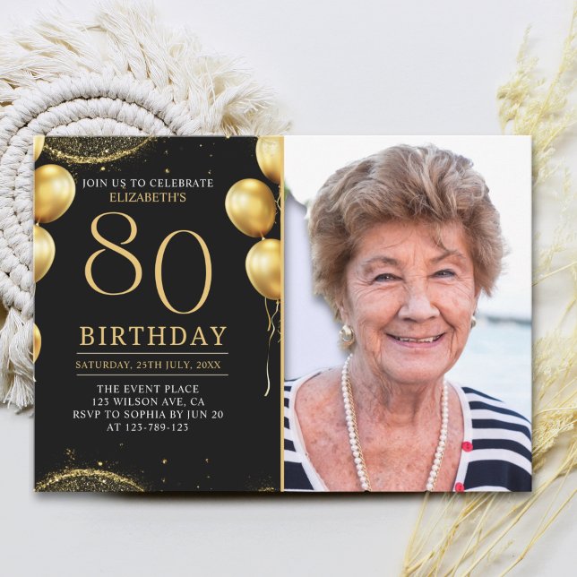 Elegant Gold Glitter Birthday 80th With Photo Invitation (Creator Uploaded)
