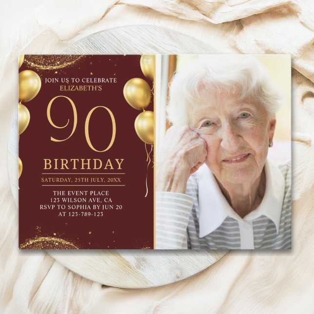 Elegant Gold Glitter Birthday 90th With Photo Invitation (Creator Uploaded)