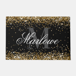 Elegant Gold Glitter Black and White Monogram Doormat