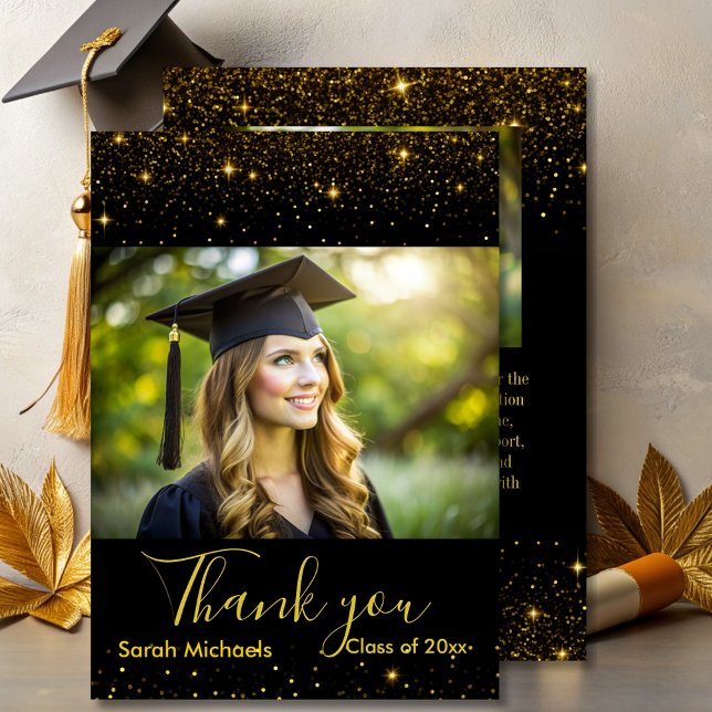 Elegant gold glitter black Graduate photo Thank You Card (Creator Uploaded)