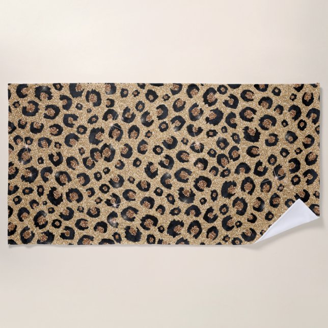 Elegant Gold Glitter Black Leopard Print Beach Towel (Front)