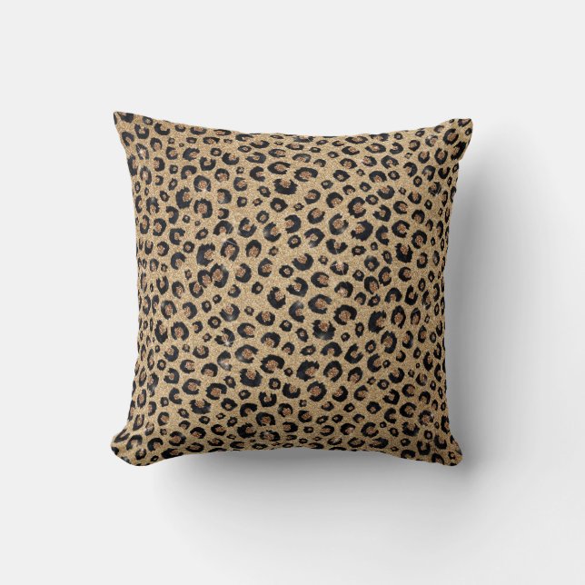 Elegant Gold Glitter Black Leopard Print Cushion (Front)