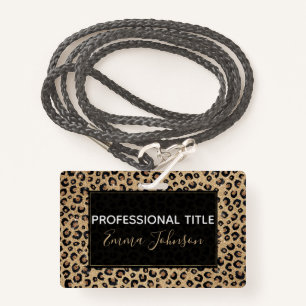 Elegant Gold Glitter Black Leopard Print ID Badge