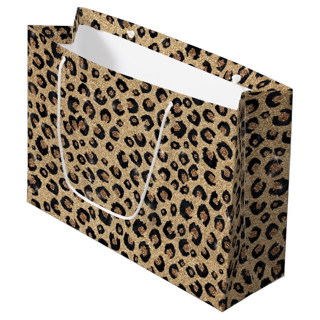 Elegant Gold Glitter Black Leopard Print Large Gift Bag (Front Angled)