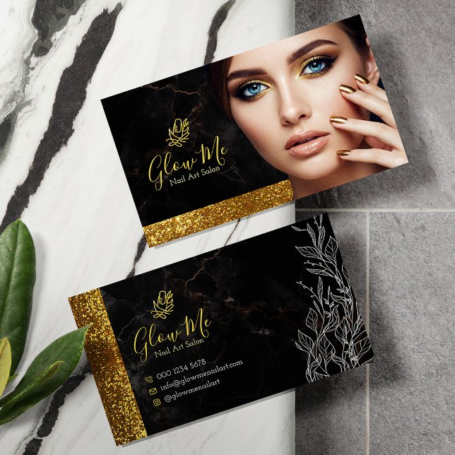 Elegant Gold Glitter & Black Marble Nail Art Salon Business Card (Creator Uploaded)