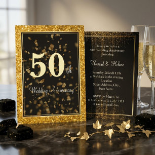 Elegant Gold Glitter Black Wedding Anniversary Invitation