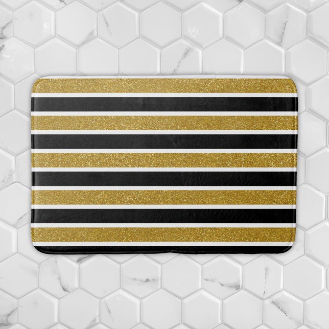 Elegant Gold Glitter Black White Stripes Bath Mat (Creator Uploaded)