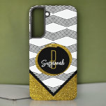 Elegant Gold Glitter Black White Zigazg Pattern Samsung Galaxy Case<br><div class="desc">This black and white zig zag design sets off the top of the case featuring a gold glitter calligraphy circle with name and initial letter monogram template text over a faux gold glitter bottom. Fill in the template fields or edit using the design tool to select a typeface style, size,...</div>