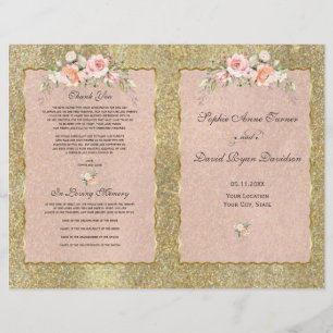 Elegant Gold Glitter Blush Floral Wedding Program