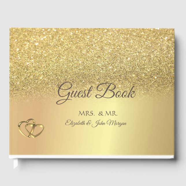 Elegant Gold Glitter Bokeh Hearts Wedding Guest Book (Front)